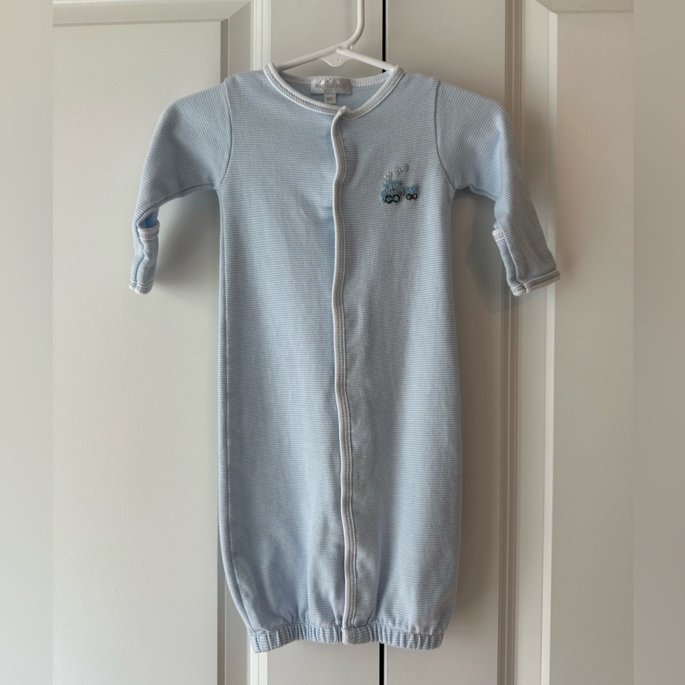 Magnolia Baby Train Embroidered Convertible Gown Blue & White Striped (Sz M/6M)